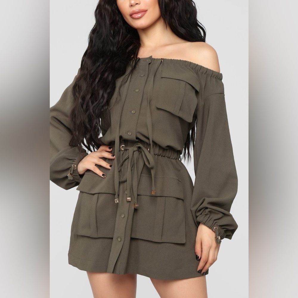 Fashion Nova Off-Shoulder Olive Green Dress - Size S